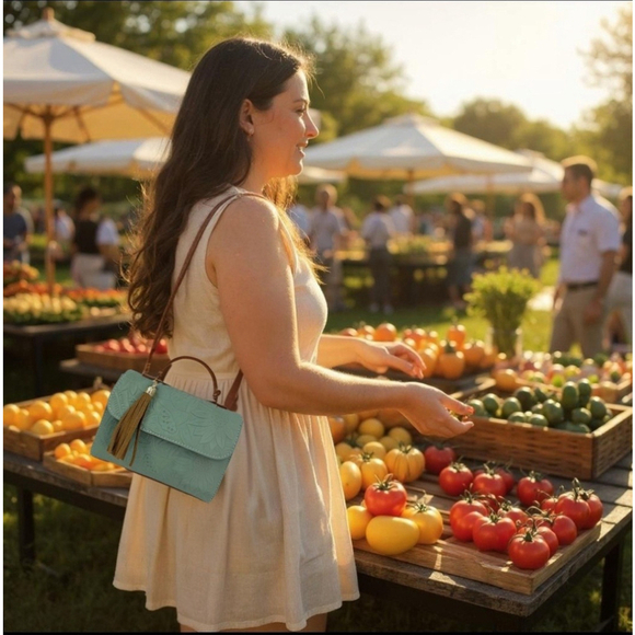 Sage Green Sunflower Embossed Tooled Artisan LEATHER Crossbody Handbag Purse - Picture 3 of 13